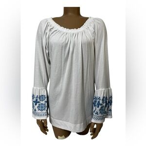 Chaps White Blouse with Blue Embroidery